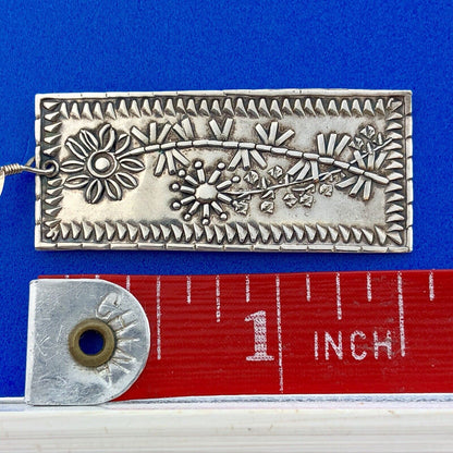 Artisan Brandon 925 Sterling Silver Floral Design Rectangle Drop Dangle Earrings