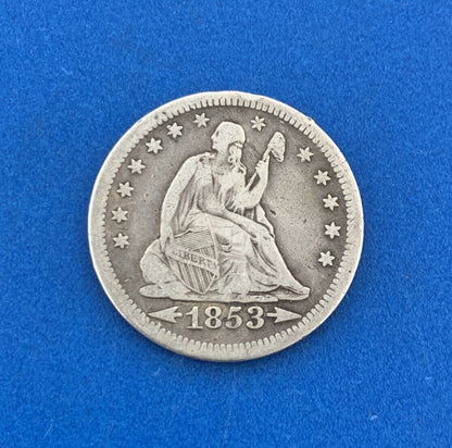 1853 25c Arrows & Rays Seated Liberty Quarter 90% Silver Rare Date Type Coin