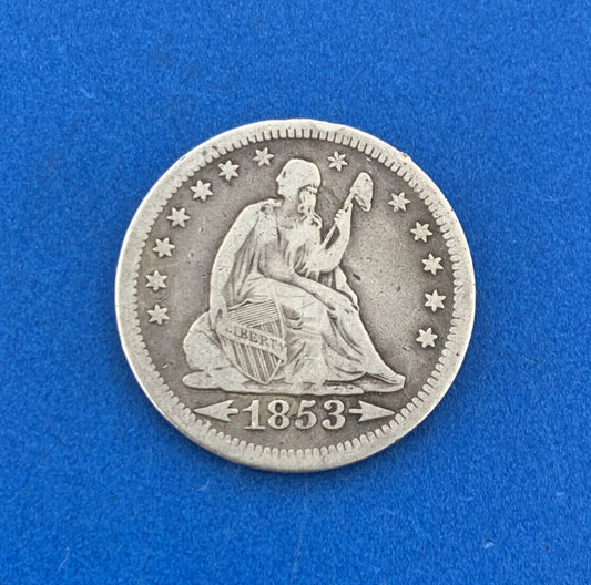 1853 25c Arrows & Rays Seated Liberty Quarter 90% Silver Rare Date Type Coin