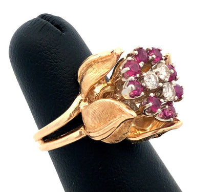 Designer EAG 14K Yellow Gold Round Ruby Diamond Flower Bud Statement Ring