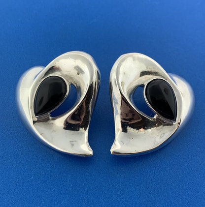 Designer Sterling Silver 925 Teardrop Onyx Abstract Stud Friction Back Earrings