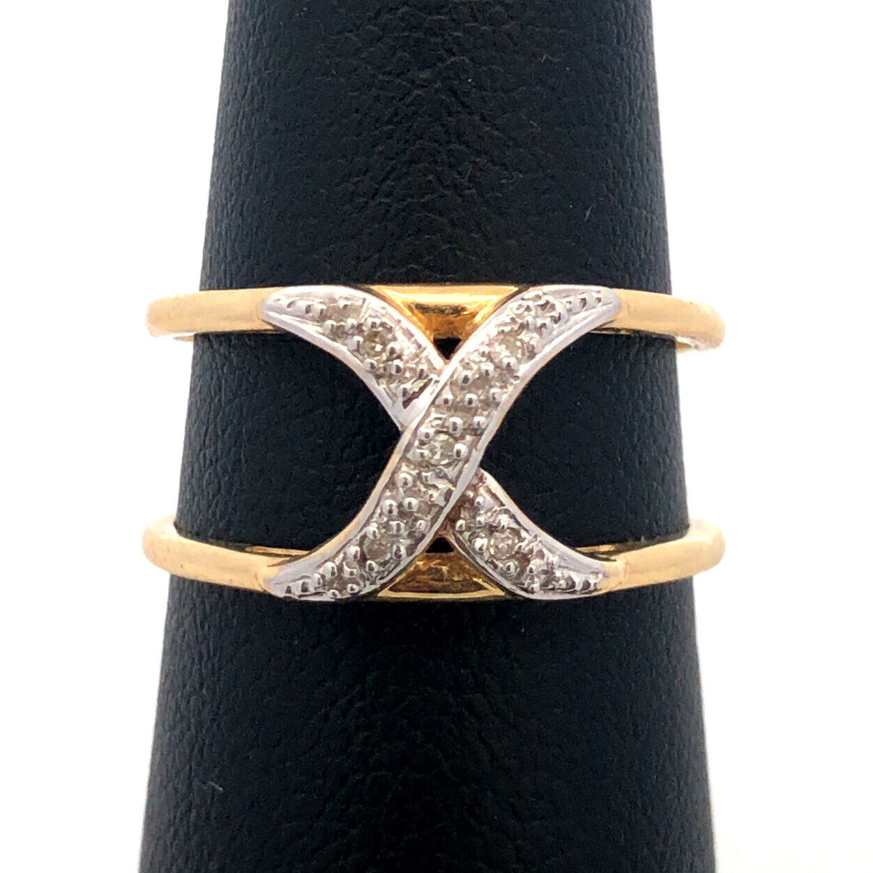 Gorgeous 14k Yellow Gold Round Cut Diamond X Double Band Ring Guard Size 7