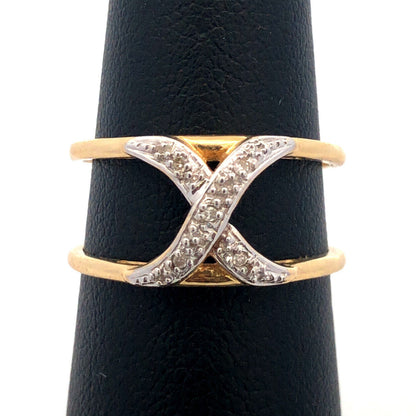 Gorgeous 14k Yellow Gold Round Cut Diamond X Double Band Ring Guard Size 7