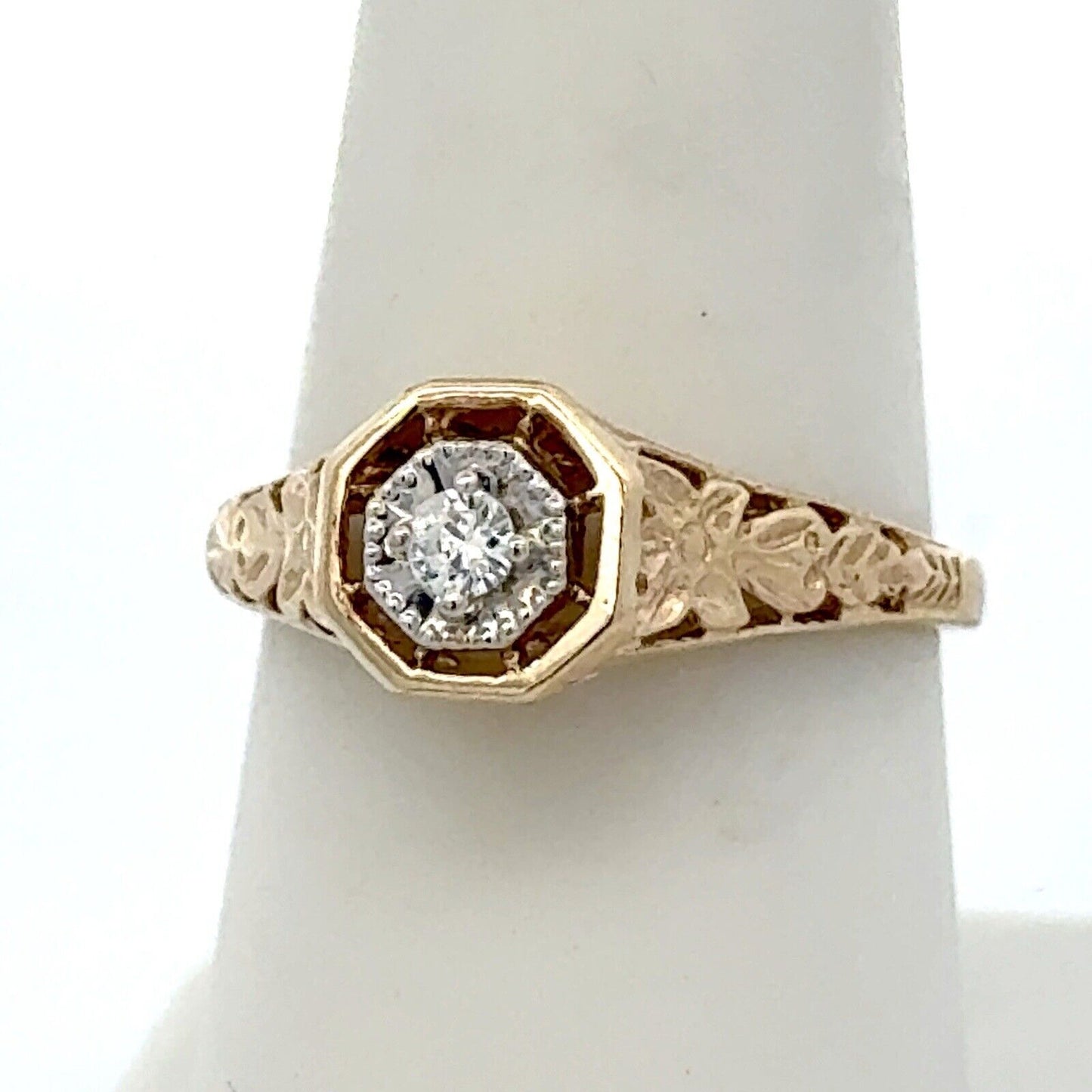 Retro 14K Yellow White Gold Diamond Solitaire Floral Filigree Engagement Ring