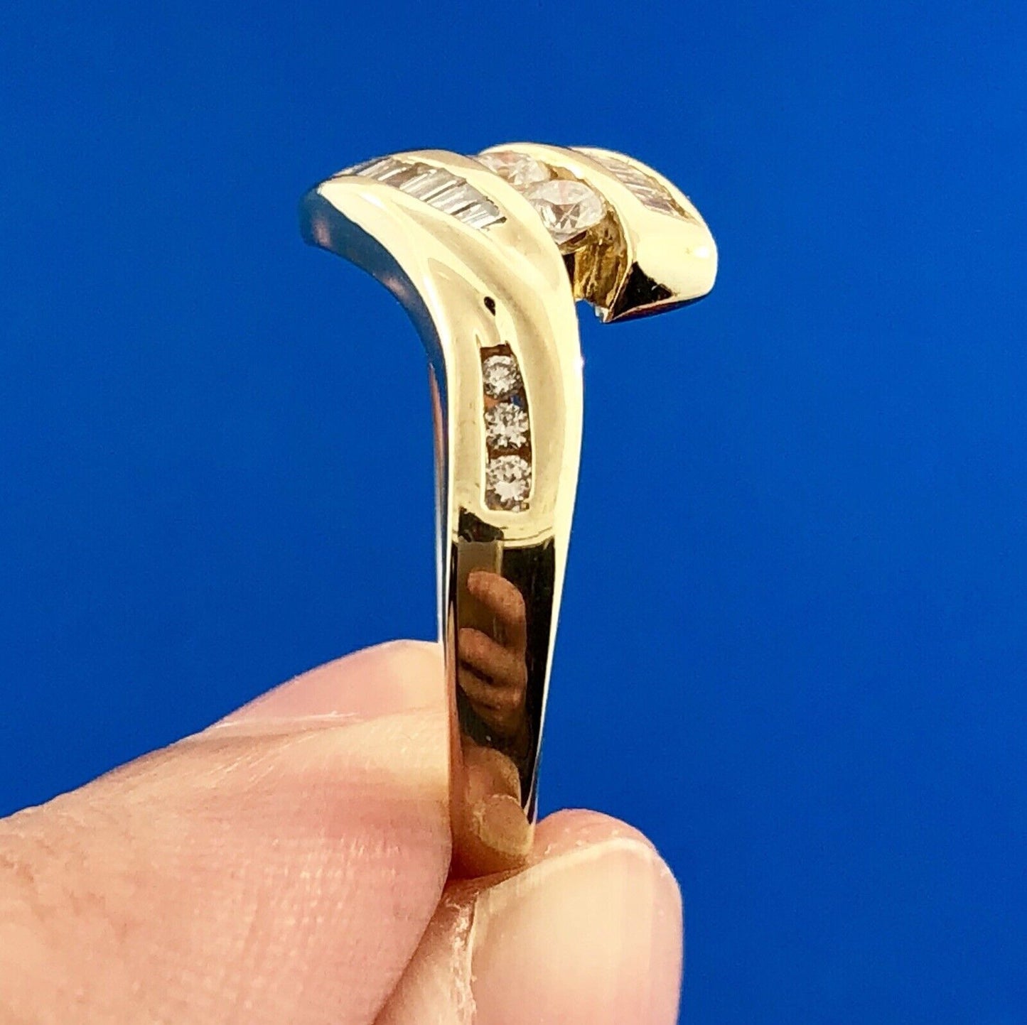 Retro Modernist 14K Yellow Gold Diamond Trio Accented Bypass Anniversary Ring