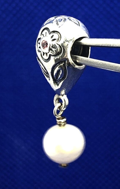 Retired PANDORA ALE 925 Silver Pink CZ Flower Pearl Dangle Charm 790546