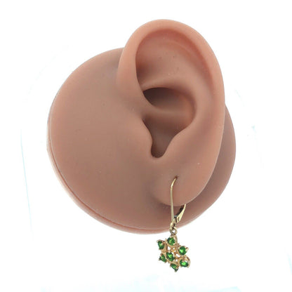 14K Yellow Gold Round Green Tourmaline Flower Leverback Dangle Earrings