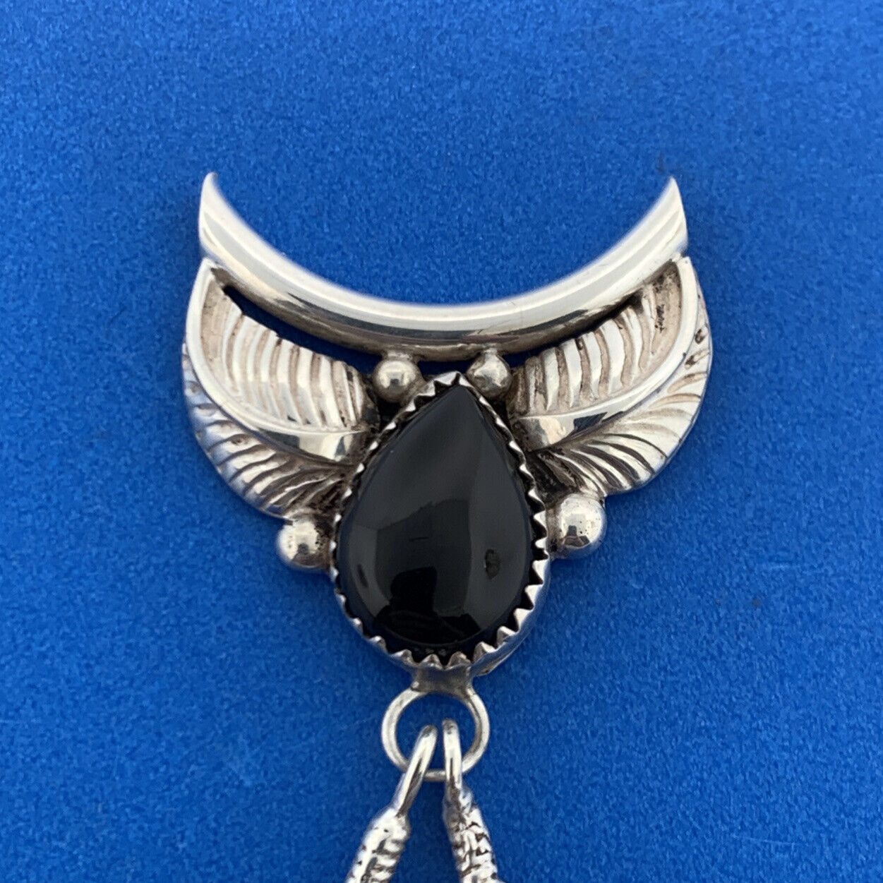 Navajo Designer Eddie Secatero Sterling Silver 925 Onyx Feather Dangle Pendant