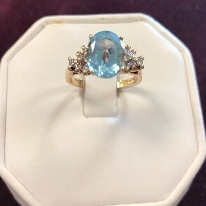 Vintage 10K Yellow Gold Blue Topaz Waterfall Diamond Engagement Anniversary Ring