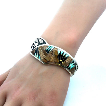Calvin Begay Sterling Silver Mixed Gemstone Inlay Open Storyteller Cuff Bracelet