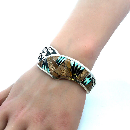 Calvin Begay Sterling Silver Mixed Gemstone Inlay Open Storyteller Cuff Bracelet