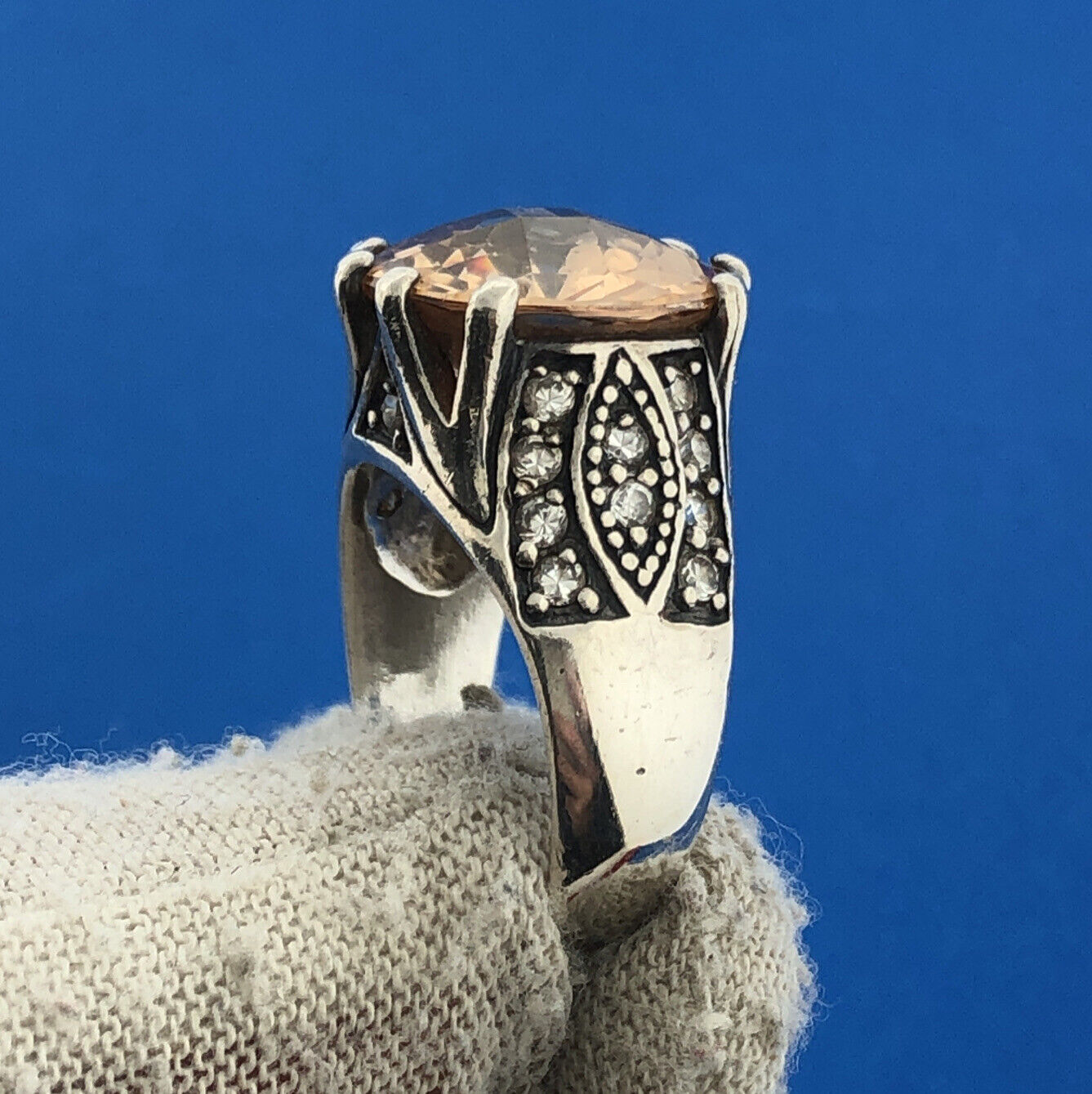 Vintage 925 Sterling Silver Cushion Cut Citrine CZ Statement Cocktail Ring