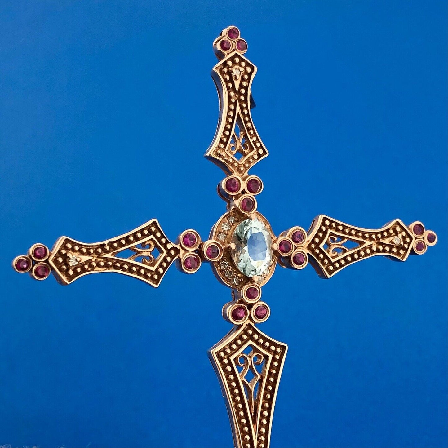 SR 14k Rose Gold Blue Tourmaline Ruby Diamond Faith Cross Pendant Enhancer