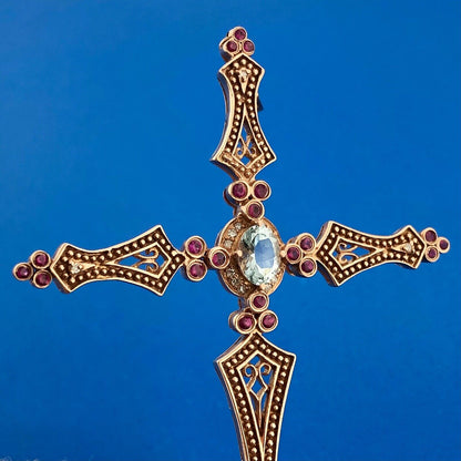 SR 14k Rose Gold Blue Tourmaline Ruby Diamond Faith Cross Pendant Enhancer
