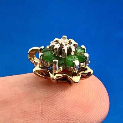 Estate 14K Yellow Gold Emerald Diamond Flower Cluster May Anniversary Pendant