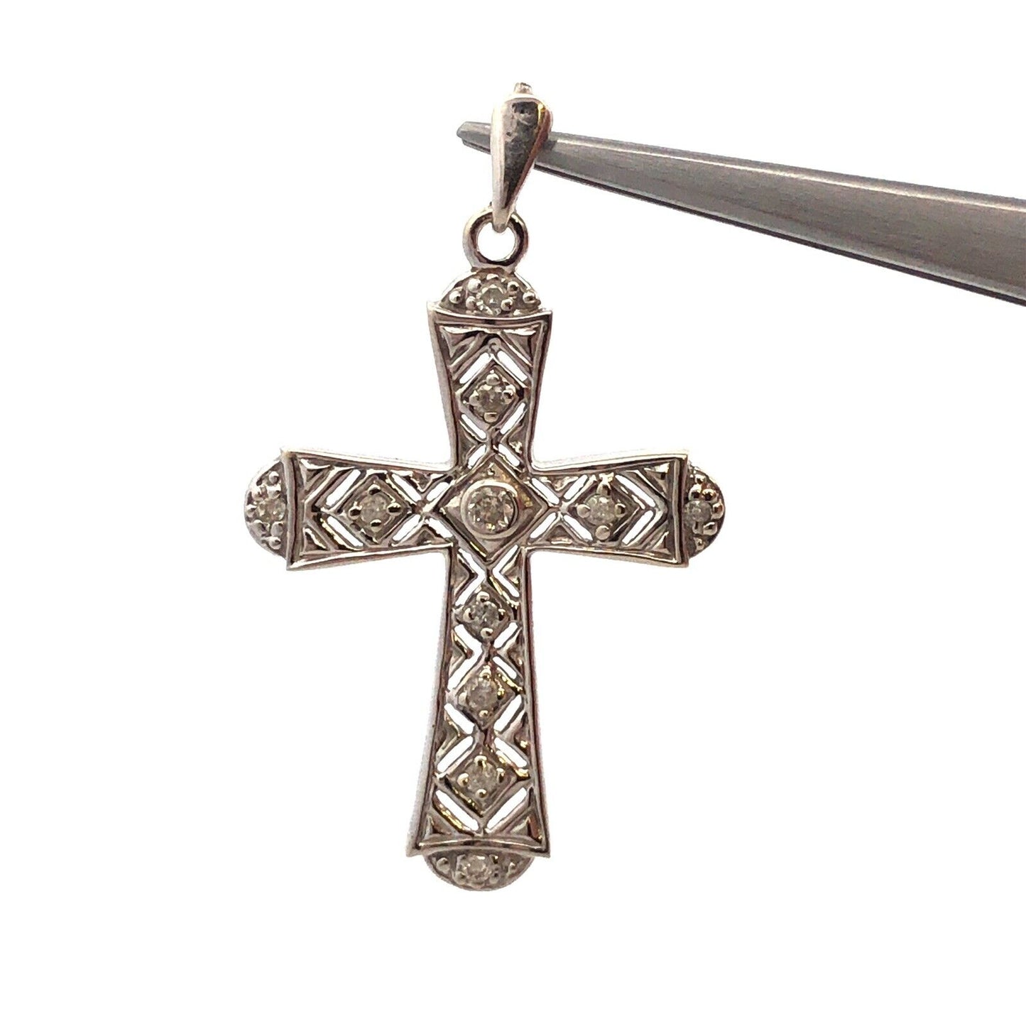 Designer 10K White Gold Diamond Accented Open Work Statement Cross Pendant
