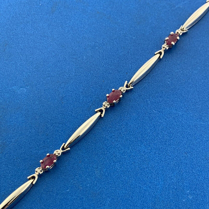 Designer 10K White Gold Oval Cut Ruby Diamond Accent Panel Link Chain Bracelet
