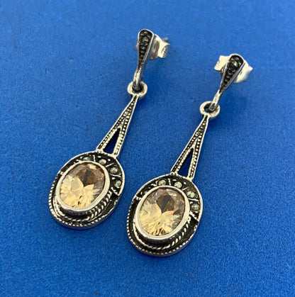 Art Deco Artisan 925 Sterling Silver Citrine Marcasite Drop Dangle Earrings