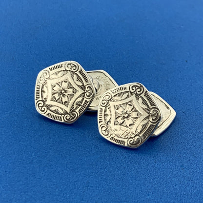 Antique 925 Sterling Silver Floral Etched Hexagon Star Shaped Button Cufflinks