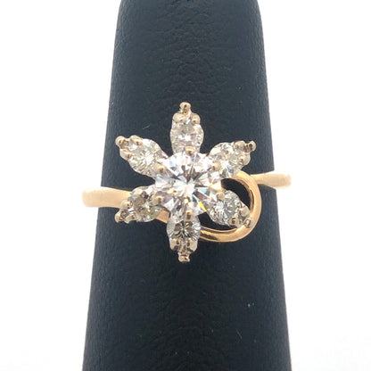Vintage 14K Yellow Gold Diamond Flower Cluster Engagement Cocktail Ring