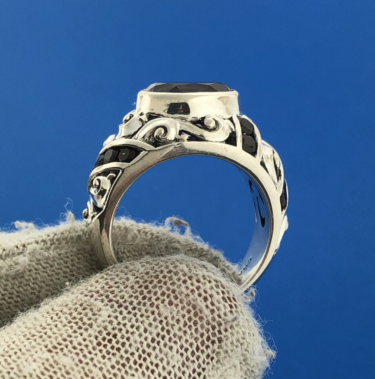 Estate CNA Sterling Silver 925 Amethyst Garnet Scroll Statement Cocktail Ring