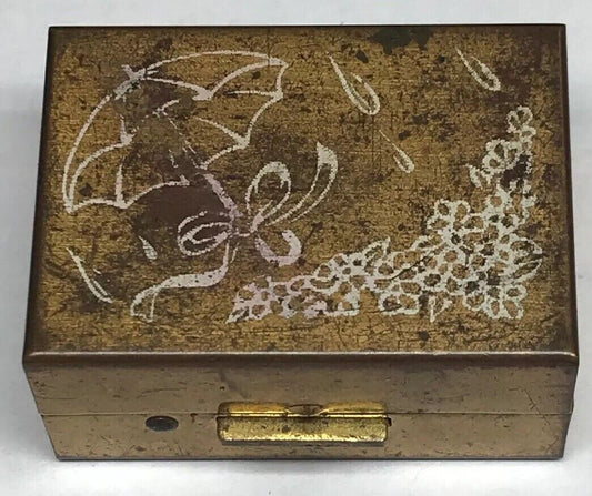 Vintage Gold Tone Ribbed Metal Rainy Day Jewelry Case Trinket Box