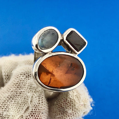 Gorgeous Modernist Sterling Silver 925 Amber Garnet Moonstone Ring Size 7.75