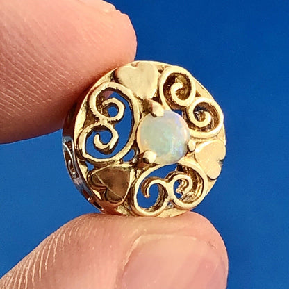 Vintage 10K Yellow Gold Opal Cabochon Heart Scroll OpenWork Slide Bracelet Charm