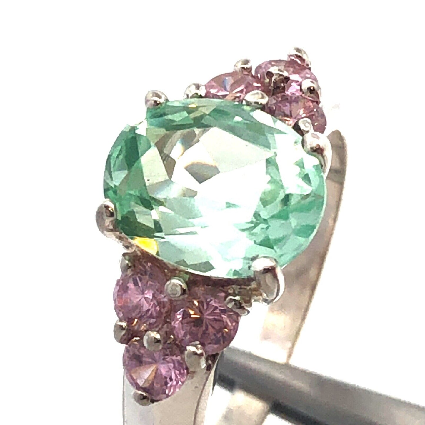 Designer HAN 925 Sterling Silver Oval Seyfoam Green Pink CZ Accent Cocktail Ring