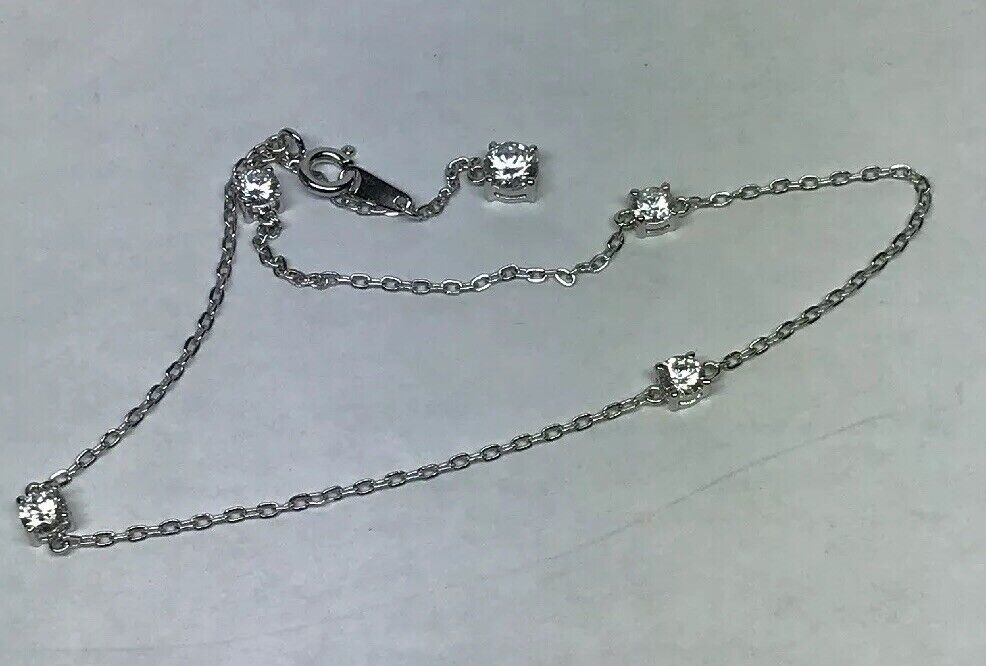 Designer SV Sterling Silver 925 Cubic Zirconia CZ Station Ankle Bracelet