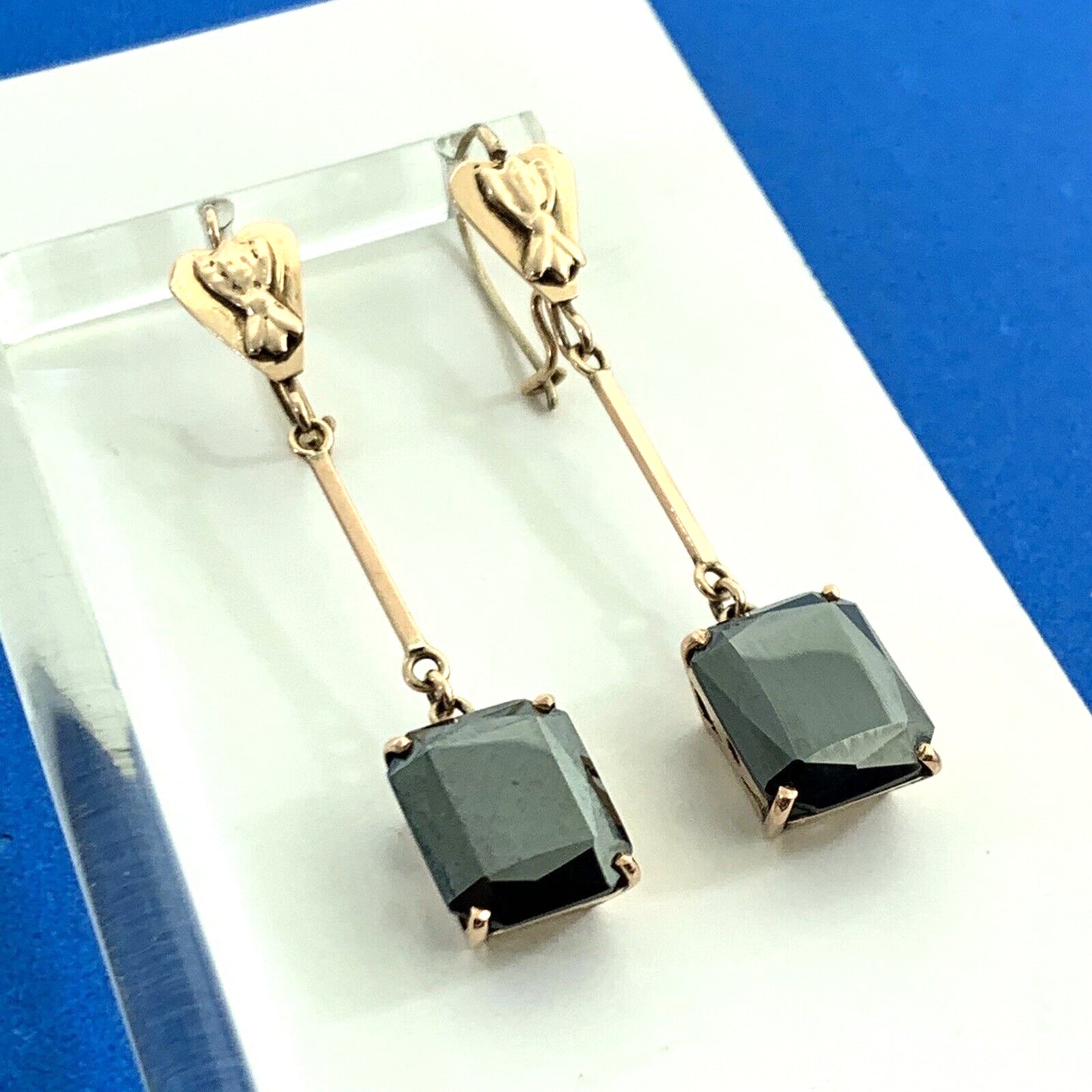 Art Deco 10K Rose Gold Emerald Cut Hematite Statement Dangle Drop Earrings