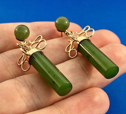 Vintage 14k Yellow Gold Jade Jadeite Modernist Drop Dangle Earrings