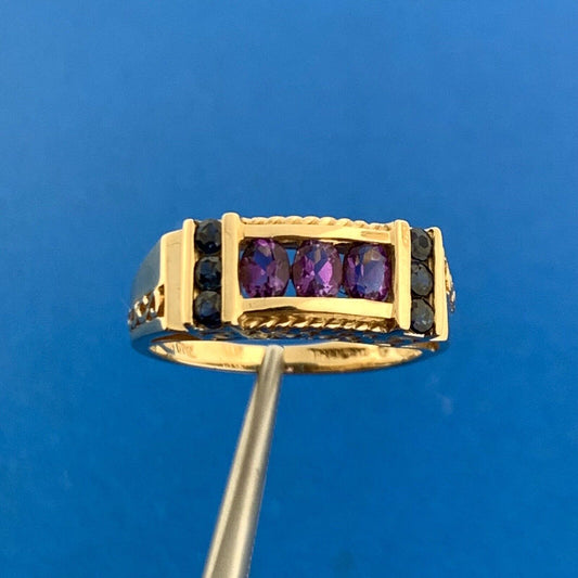 Designer THL 10K Yellow Gold Amethyst Sapphire Accented Bar Dome Ring