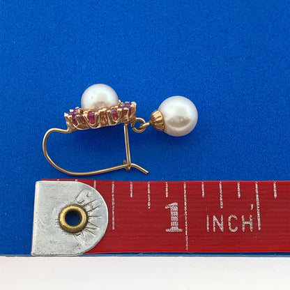Vintage 14k Yellow Gold Round Cut Red Ruby White Pearl French Hook Earrings