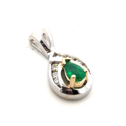 Designer 14K White Gold Pear Emerald Round Diamond Petite Pendant