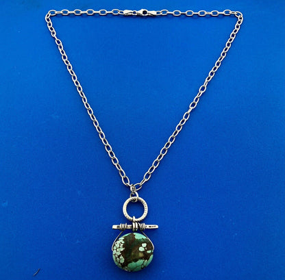 Vintage Artisan 925 Sterling Silver Oval Turquoise Bead Link Chain Necklace