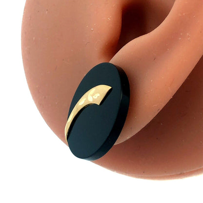 Retro 10K Yellow Gold Leaf Etched Black Resin Modernist Statement Stud Earrings