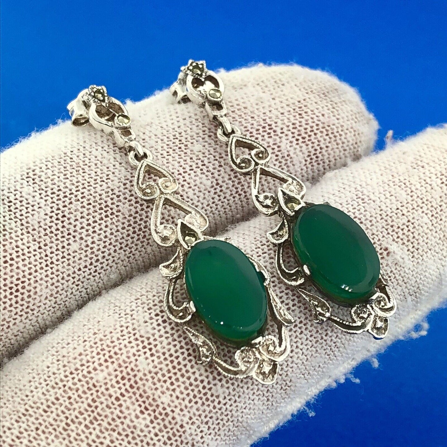 Sterling Silver 925 Oval Green Onyx Marcasite Openwork Filigree Dangle Earrings