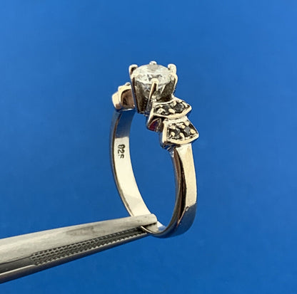 Vintage Design Sterling Silver Cubic Zirconia Solitaire w/ Round Accents Ring