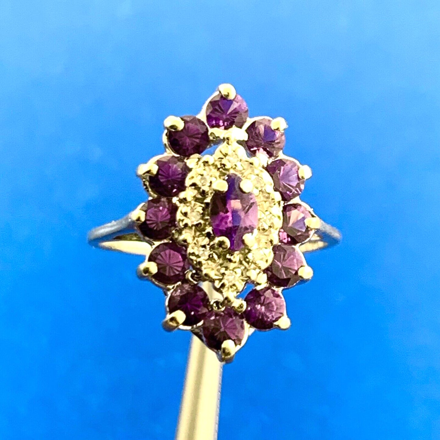 Estate 10K White Gold Amethyst Diamond Accented Statement Cocktail Ring