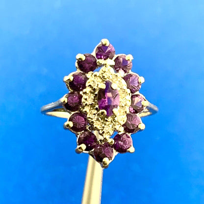 Estate 10K White Gold Amethyst Diamond Accented Statement Cocktail Ring