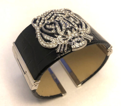 Genuine Black Leather CZ Black Enamel Tiger Head Statement Hinged Cuff Bracelet