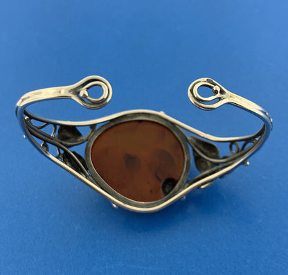 Vintage Sterling Silver Baltic Amber Floral Free Form Statement Cuff Bracelet