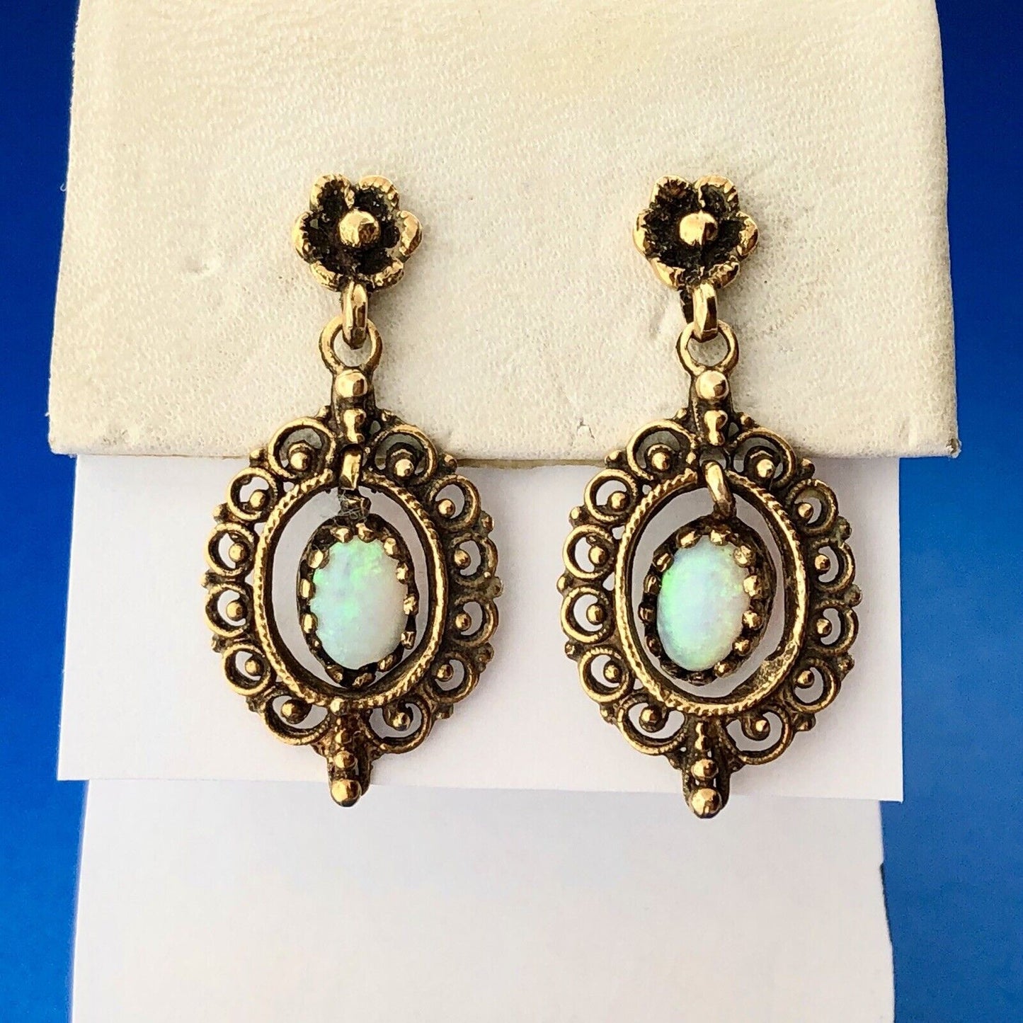 Art Deco 14K Yellow Gold Opal Bead Scroll Floral Open Work Drop Dangle Earrings