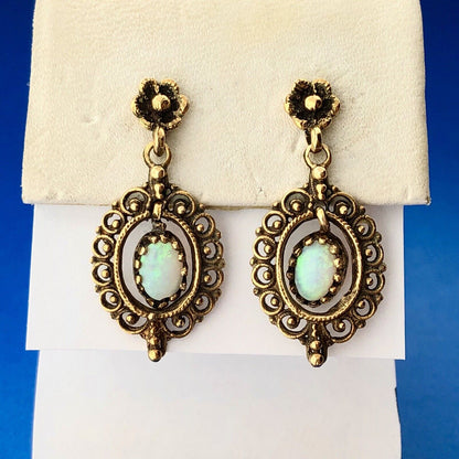 Art Deco 14K Yellow Gold Opal Bead Scroll Floral Open Work Drop Dangle Earrings