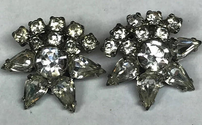 Vintage Art Deco Crystal Rhinestone Flower Cluster Bridal Cocktail Clip Earrings