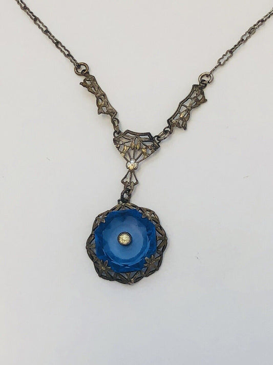 Art Nouveau Art Deco Sterling Silver Cobalt Glass Rhinestone Filigree Necklace