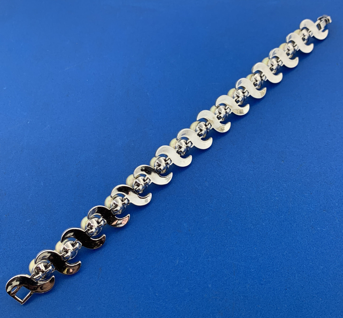 1955 Crown Trifari Silver Tone Faux Pearl & Rhinestone Statement Bracelet