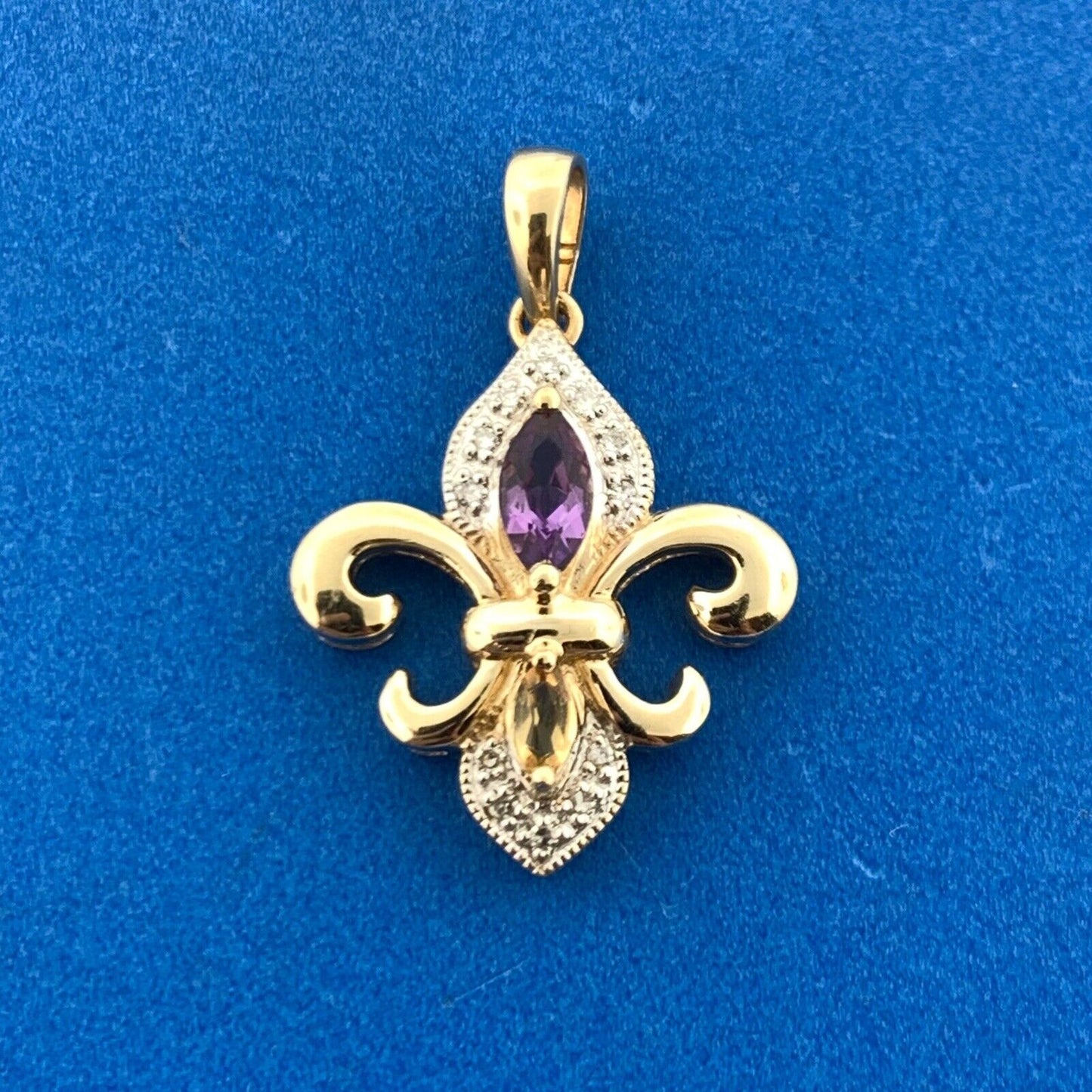 Designer 10K Yellow White Gold Amethyst Citrine Diamond Fleur De Lis Pendant