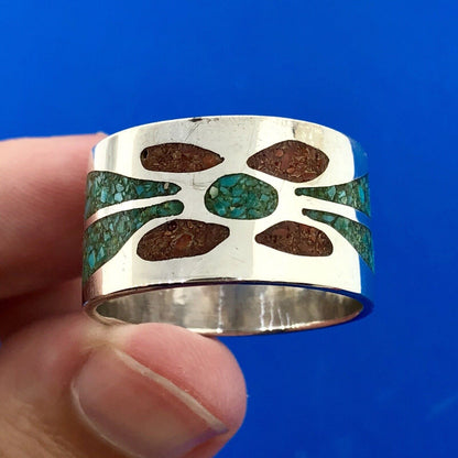 Men's Sterling Silver 925 Turquoise Red Coral Spiderweb Inlay Wide Band Ring